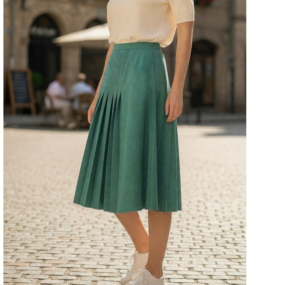 Vintage‎ Green Pleated Wool Skirt A-Line West Germany EU 42 Minimalist Classic
